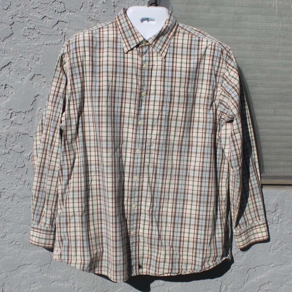 GAP Casual Button Front Shirt Men Size XL Brown, Beige, Green Swatch Plaid L/S